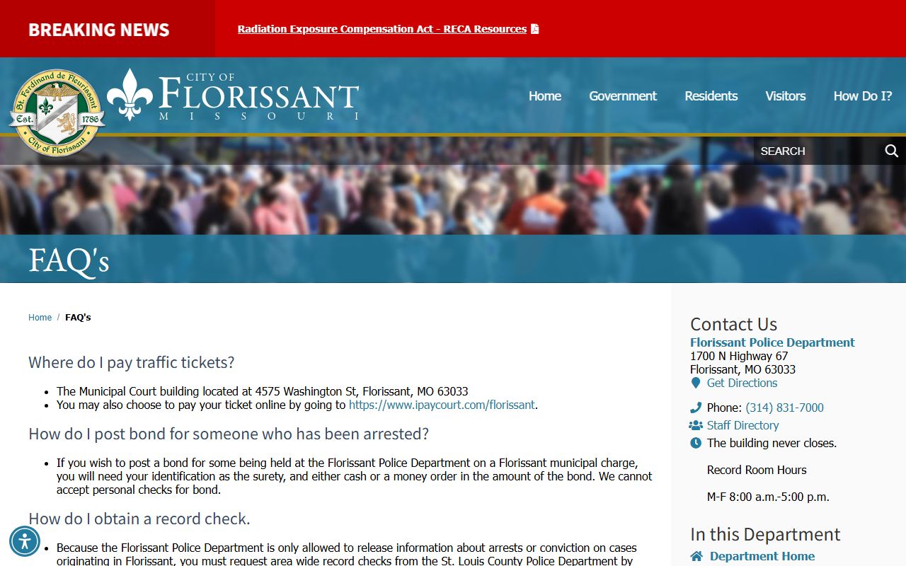 Florissant Police FAQ page for released inmates records access