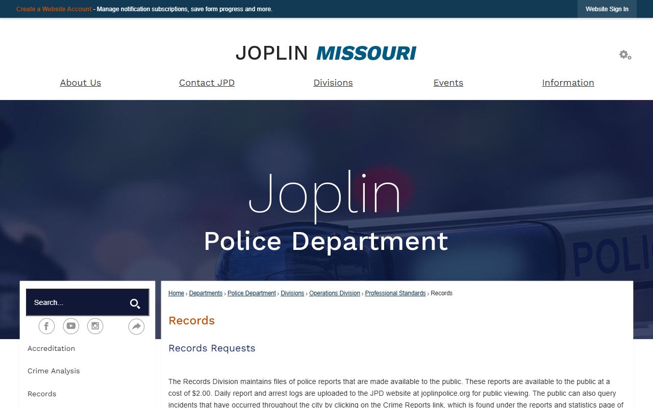 Joplin Police Records page for released inmates records
