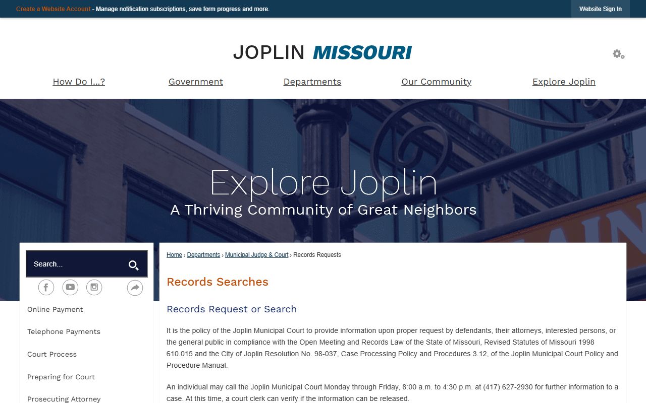 Joplin Records Requests page for released inmates data