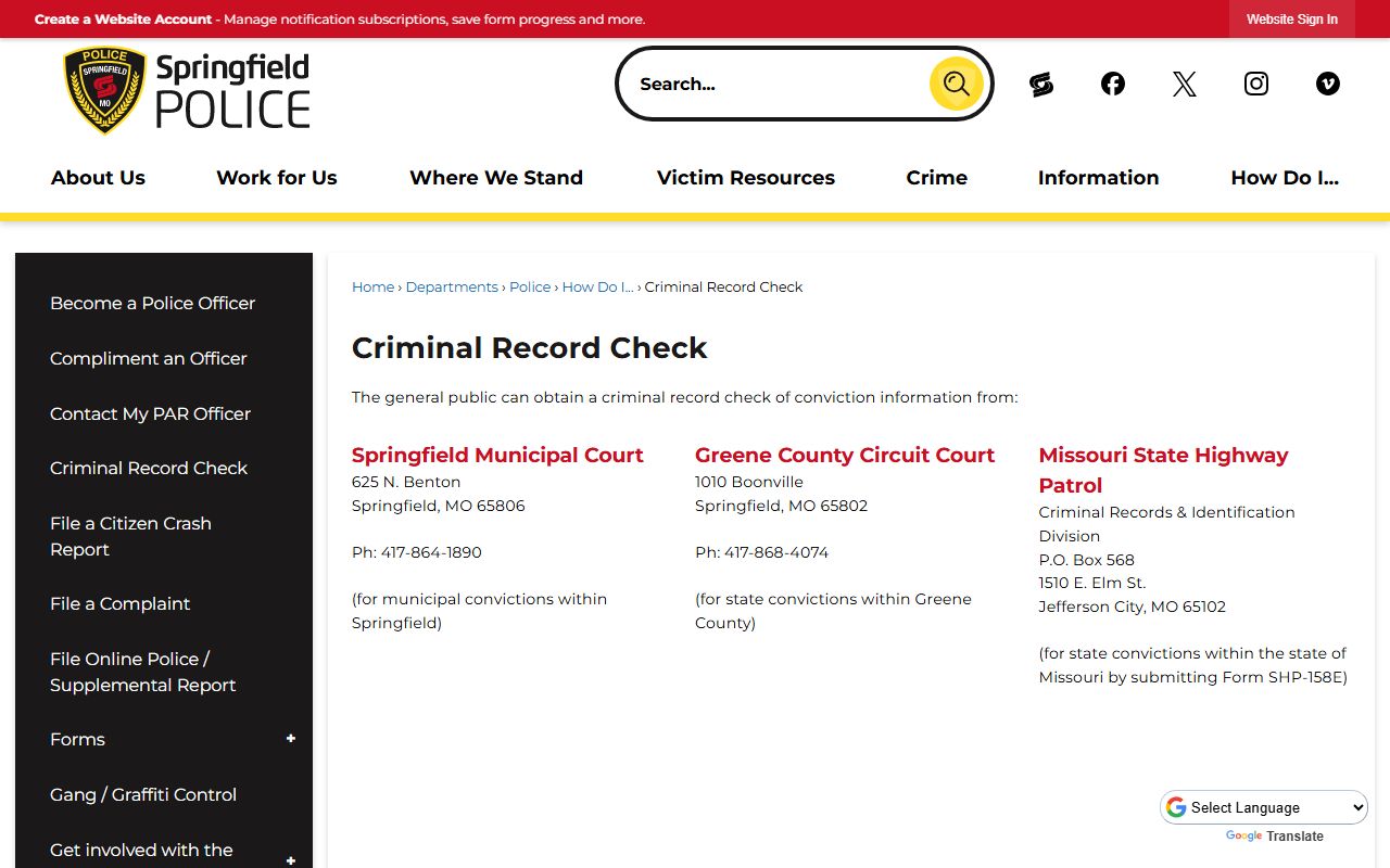 SPD Criminal Record Check page for Springfield released inmates