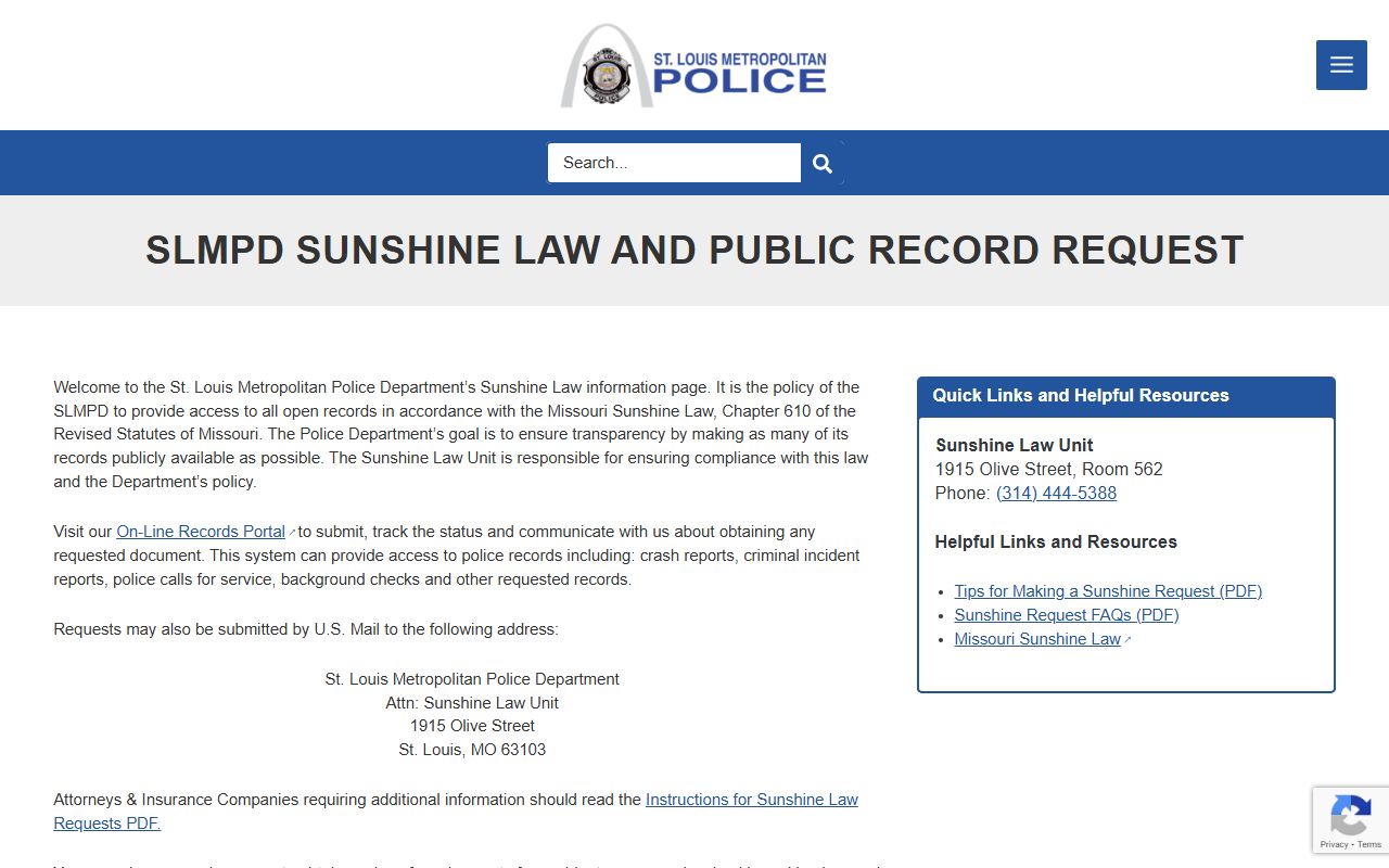 SLMPD Sunshine Law information for St. Louis released inmates records