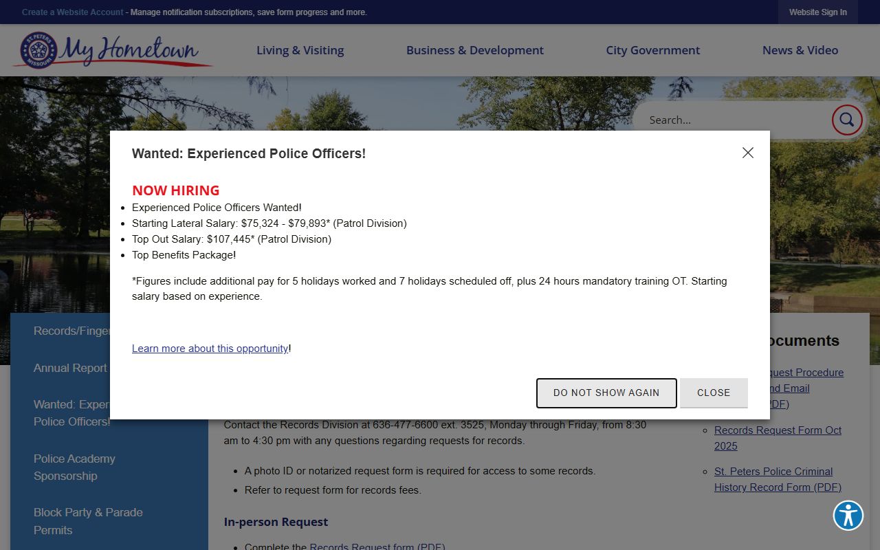 St. Peters Records and Fingerprinting page for released inmates records