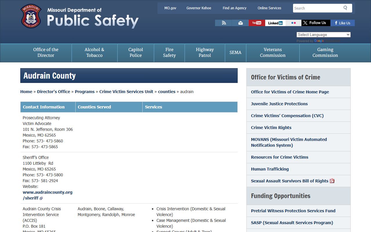Audrain County victim services for released inmates notification