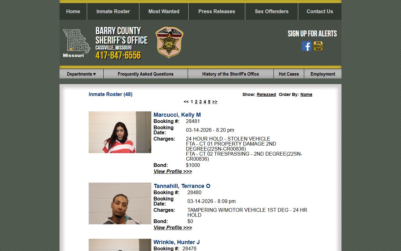 Barry County current inmate roster and released inmates list