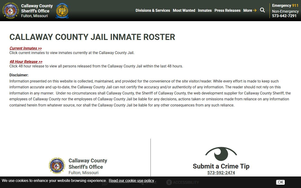 Callaway County Missouri inmate roster selection for released inmates search