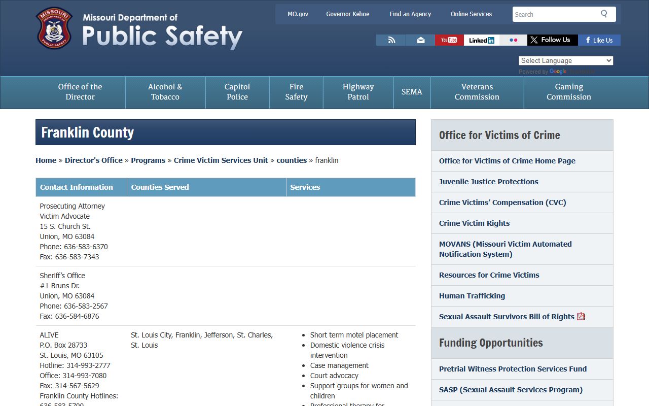 Franklin County Missouri DPS victim services released inmates resources