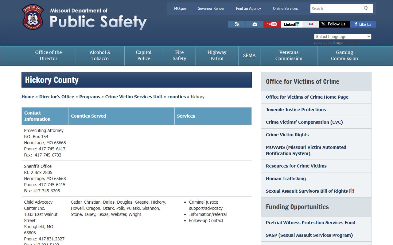 Hickory County DPS victim services released inmates