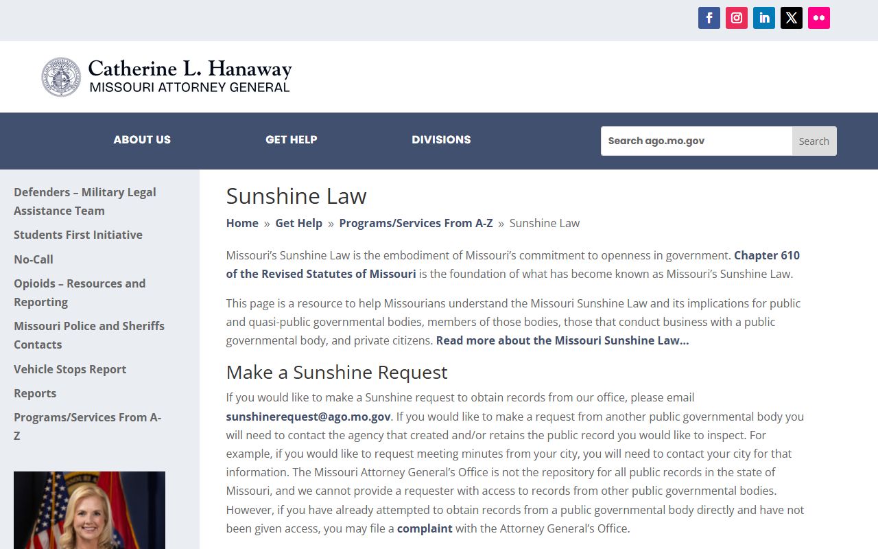 Missouri Attorney General Sunshine Law page for released inmates records access