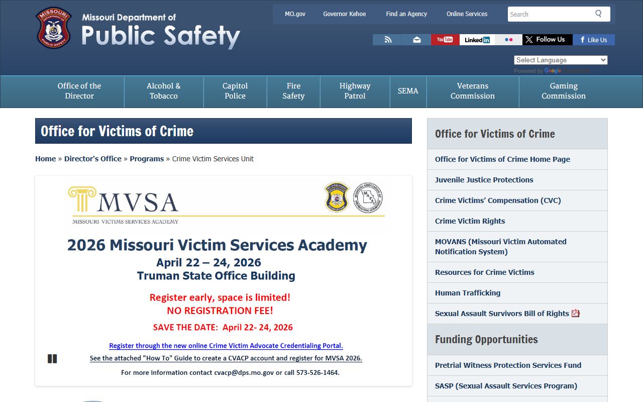 Missouri Department of Public Safety victim services for released inmates notifications