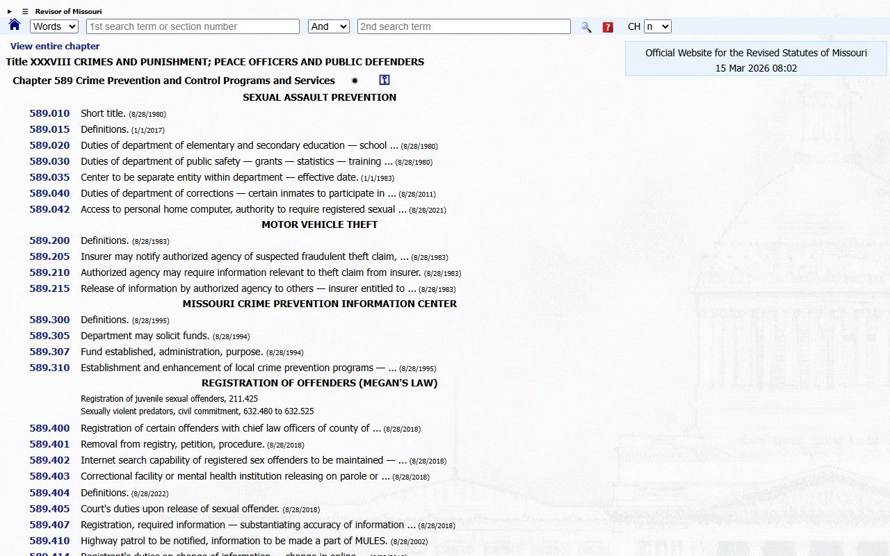 Missouri Revised Statutes chapters governing released inmates records access