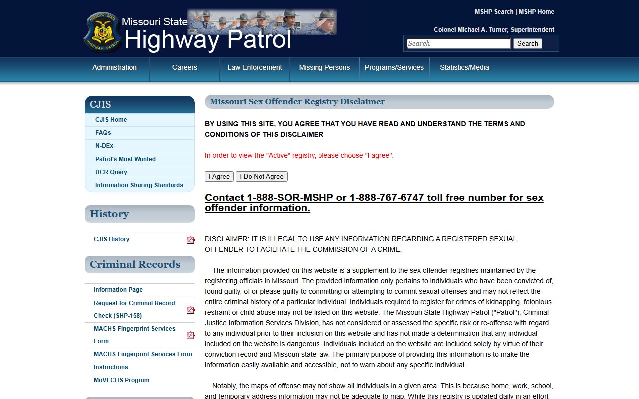 Missouri State Highway Patrol MACHS criminal records system for released inmates